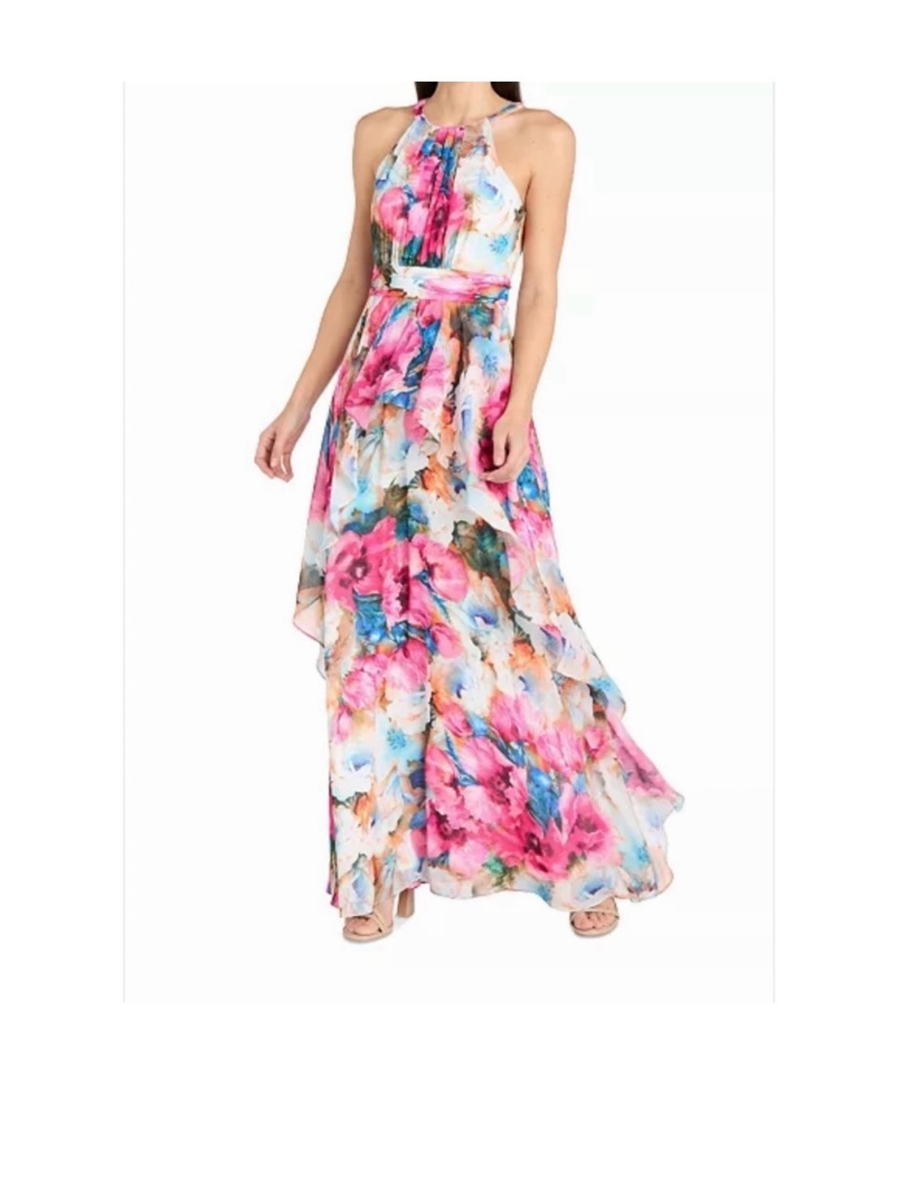 S.L. Fashions Pink Blue Floral Halter Maxi Dress with Waist Tie